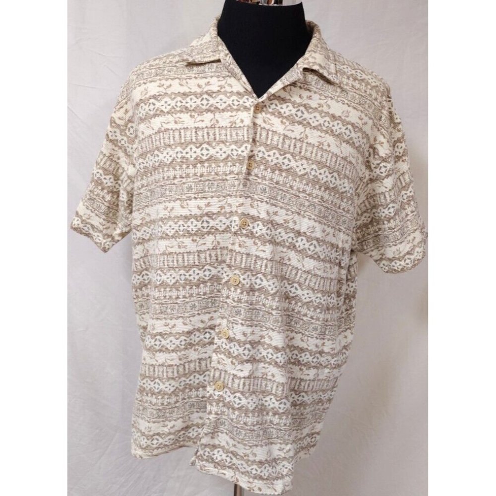Vtg Natural Issue Mens XL Cream Floral Aztek Geometric Worn Wash Button Shirt